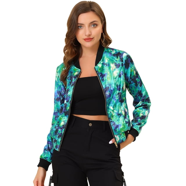 INSPIRE CHIC Blouson Bomber Court à Imprimés Floraux pour Femme à Col Montant à Fermeture à Glissière