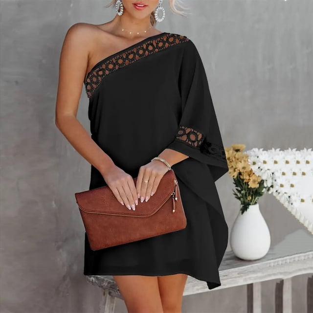 Gspmoly Robes pour Femmes, Robe à Épaules Asymétriques en Dentelle à Empiècements pour Femmes, Manches Courtes, Épaules Asymétriques, Longueur Genou, Robe de Cocktail pour Femmes jusqu'à 65 % de Rabais