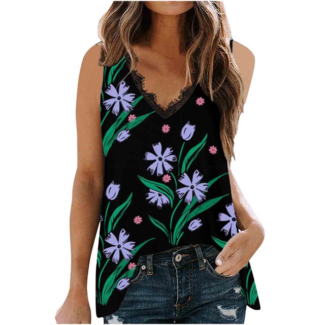 Cameland Débardeur Blouse Sans Manches à Col en V en Dentelle Patchwork Imprimée pour Femme