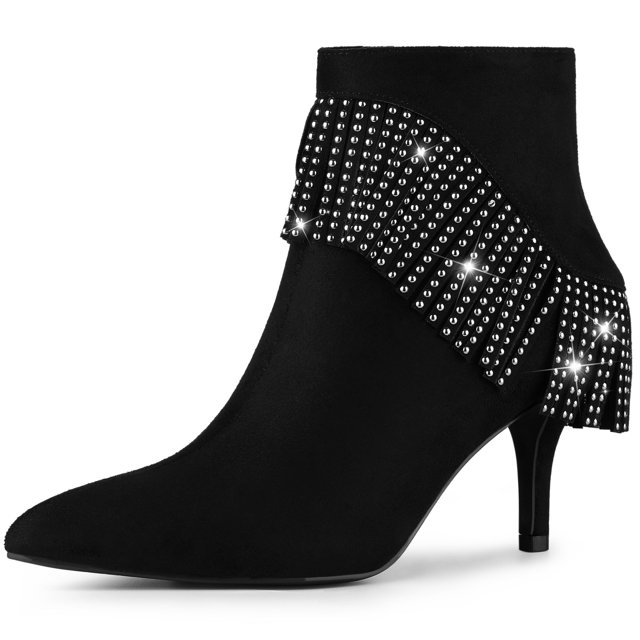 BLISSFUL STEP Women's Fringe Pointed Toe Stiletto Heel Ankle Boots