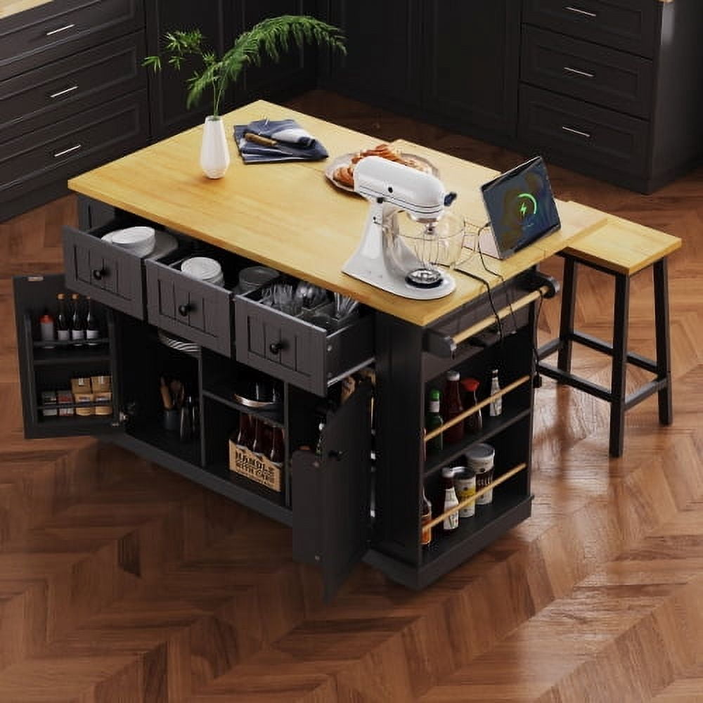 53 Inch Large Kitchen Island with Drop Leaf, Power Outlet, Storage and Rolling Wheels for Kitchen Dining Room  (Not include bar stools)