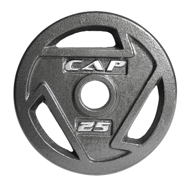 CAP Barbell 2-Inch Olympic Cast Iron Grip Weight Plate, Single, 25 lb, front-facing round cast iron plate with three large grip holes and a central 2-inch hole, textured black finish with raised CAP logo and 25 lb marking in silver paint, designed for 2-inch Olympic bars and weightlifting equipment, also suitable for strength training and loading on Smith machines.