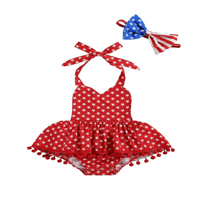 Tenue de 4 Juillet pour Nouveau-Née Fille, Barboteuse Rayée, Robe, Ensemble, Combinaison