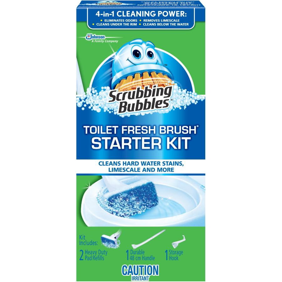 Scrubbing Bubbles Brosse Fraîcheur Toilette Nécessaire de départ, Comprend 1 manche, 2 recharges de tampons pour gros travaux et un crochet de rangement