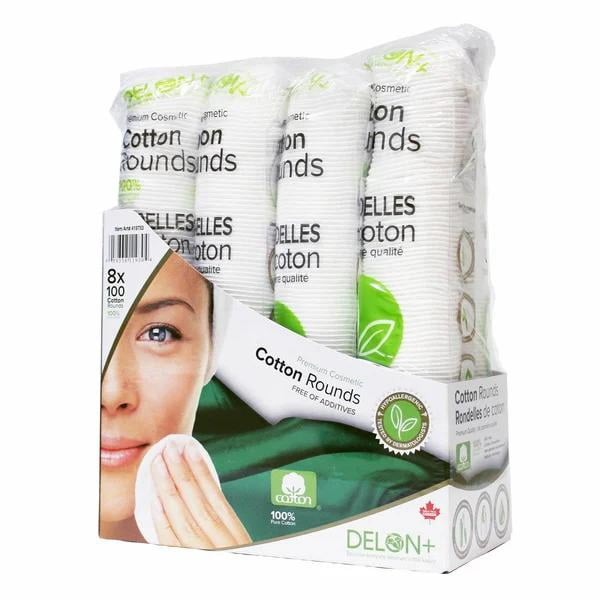 Delon Rondelles Cosmétiques Haut de Gamme en Coton 100 %, Comprenant 8 Paquets de 100 Rondelles en Coton Hypoallergéniques Sans Additifs pour un total de 800 Rondelles. l'Emballage Met en Valeur la Qualité Écologique et Haut de Gamme du Produit, avec une Marque et des certifications Visibles.