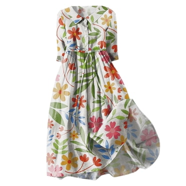 Pisexur Womens Summer Dresses Fashion Bohemian Floral Print Maxi Dress Casual Tunic Elastic Wasit Sundress Turndown Collar Button Down Long Dress 3/4 Sleeve V Neck Flowy Cotton Linen Beach Dress