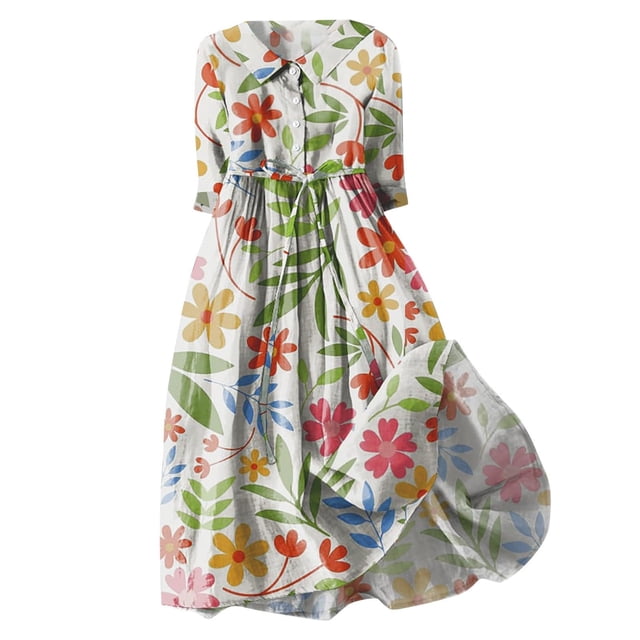 Pisexur Robes d'Été pour Femmes Mode Bohème à Imprimé Floral Robe Maxi Tunique Décontractée Taille Élastique Robe Soleil Col Rabattu Boutonnée Longue Robe Manches 3/4 Col en V Fluide Coton Lin Robe de Plage