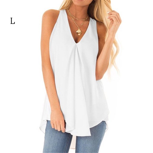 Haut Sans Manches en Chiffon pour Femmes, Col en V, Haut Ample, Chemise d'Été, Blanc, G