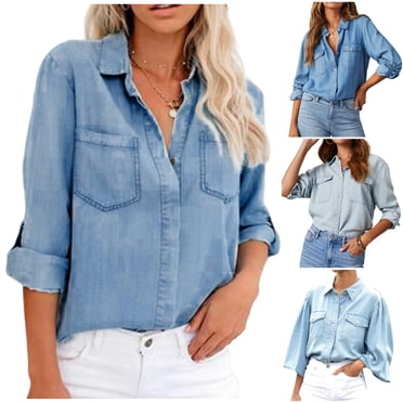 DDAPJ pyju Womens Button Down Denim Shirt Loose Casual Long Sleeve Collared Boyfriend Jean Jacket Shacket with Pockets Limited Time Sales Blue M