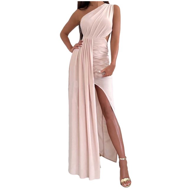 EQWLJWE Longue Robe pour Femmes Mode Femmes Été Uni à une Épaule Sans Manches Ajourée Longue Robe