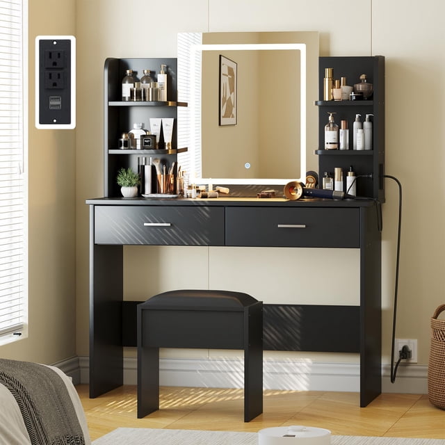 AKDSteel Vanity Desk with Lights – Makeup Vanity Set with Tri-Mode LED Mirror, Charging Station, 6 Shelves, 2 Drawers & Cushion Stool, Dimmable for Bedroom