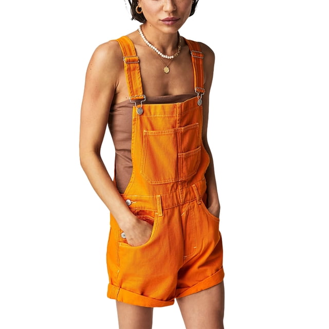 Honganda Salopette Courte en Denim pour Femmes, Bretelles Ajustables, Poche, Combishort, Short, Poignets Roulés