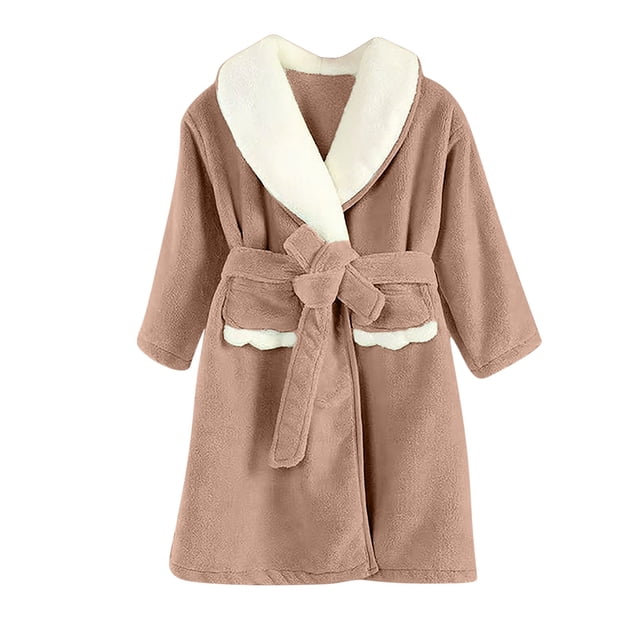3-10 Years Boys Girls Fleece Robe Hooded Soft Warm Bathrobe Sleepwear For Kids Coffee B