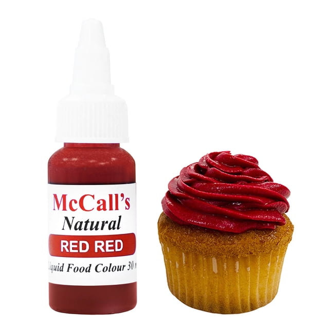 McCall's Colorant Alimentaire Liquide Naturel Rouge Rouge dans une Bouteille Compressible en Plastique de 30 ml (1 oz) avec Couvercle à Clapet, Exposé aux Côtés d'Un cupcake avec un Riche Glaçage Rouge. Ce Colorant Alimentaire Naturel Est de Force Professionnelle, Stable à la Congélation et Offre une Couleur Vibrante pour Glaçage, Garnitures Fouettées, fondant et Plus. Fait avec de la Glycérine Végétale, de l'Extrait de Radis Rouge, de l'Extrait de Chou Rouge et de la Vanille Naturelle, Il Assure