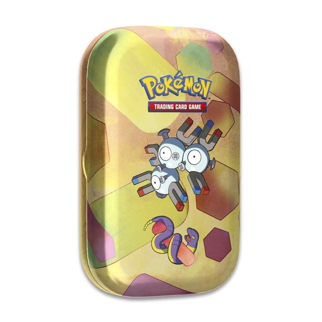 Pokemon TCG: Scarlet & Violet 151 Mini Tin with Magneton and Ekans artwork on the lid. This collector tin features hexagonal patterns and includes two Scarlet & Violet 151 booster packs, a collectible coin, and an art card. Ideal for trading card enthusiasts and collectors.