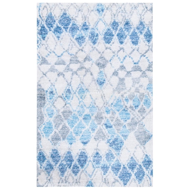 Safavieh Saffron Corynn Tapis Géométrique pour Aire avec une texture en Coton Faite à la Main Présentant un Motif de Losanges Bleu et Gris Usé sur un Fond Blanc, Convient pour Ajouter une Touche Douce et Colorée à la Déco de la Maison et Est Souvent Utilisé comme Revêtement de Sol Décoratif.