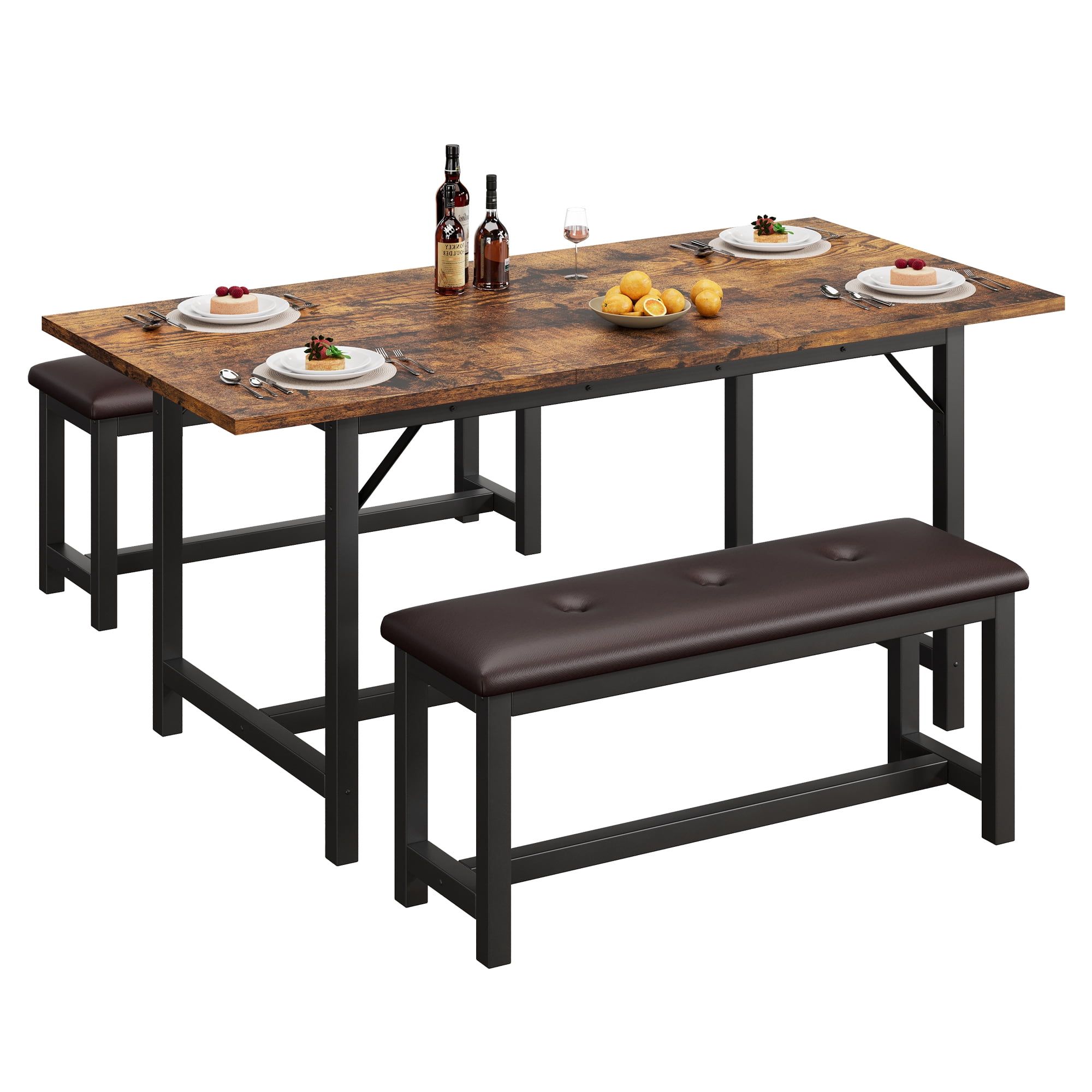 Dining Table Set for 4-6, 63" Large Extendable Dining Room Table Set for 6, Rectangle Kitchen Table with 2 Upholstered Soft Benches, Saving Space, Easy Assembly