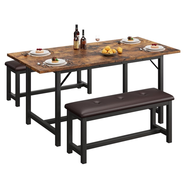 Dining Table Set for 4-6, 63" Large Extendable Dining Room Table Set for 6, Rectangle Kitchen Table with 2 Upholstered Soft Benches, Saving Space, Easy Assembly