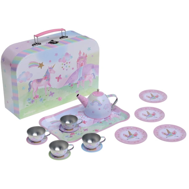 Jewelkeeper 15 Piece Kids Pretend Toy Tin Tea Set & Carrying Case