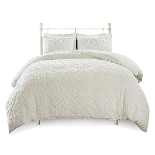 Madison Park Sabrina 3 Piece Tufted Cotton Chenille Duvet Cover Set White Full/Queen