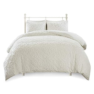 Madison Park Sabrina 3 Piece Tufted Cotton Chenille Duvet Cover Set White Full/Queen