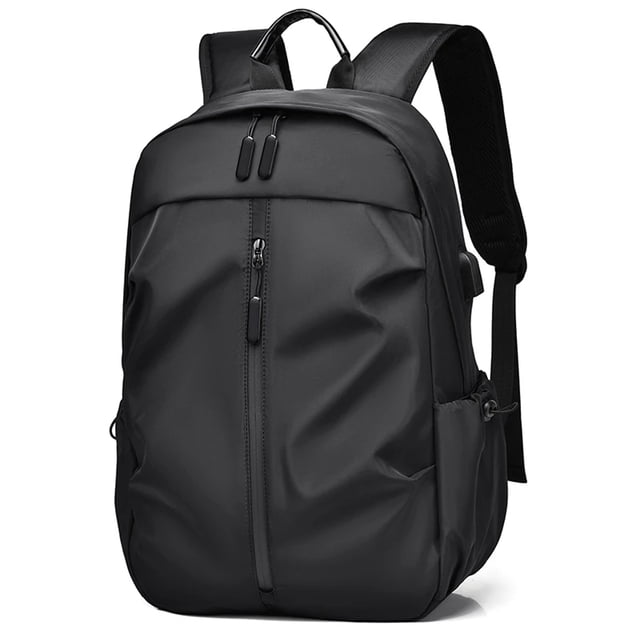 Waterproof Business Backpack Men USB School Backpacks 15.6 Inch Laptop Backpack Large Capacity Bagpacks for Men Back Pack Bags. Black nylon travel backpack with a solid pattern, featuring a front zipper pocket, side compartments for water bottles or umbrellas, and adjustable arcuate shoulder straps for comfort. Designed to hold a 15.6-inch laptop with an interior computer interlayer and a water-repellent surface. Ideal for school, work, or travel. Dimensions: 45cm height, 30cm width, 14.5cm thickness.