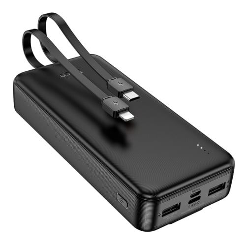 20000mAh With Built In Charging Cable Speed Energy Power Bank J118A by HOCO, featuring a sleek black design with built-in lightning and USB-C cables. This compact and lightweight power bank includes dual USB output ports, a USB-C input/output port, and an LED power indicator. Compatible with QC3.0 and PD3.0 for ultra-fast charging, it is suitable for smartphones, tablets, cameras, and other USB-powered devices. Ideal for on-the-go charging with its 20000mAh capacity.