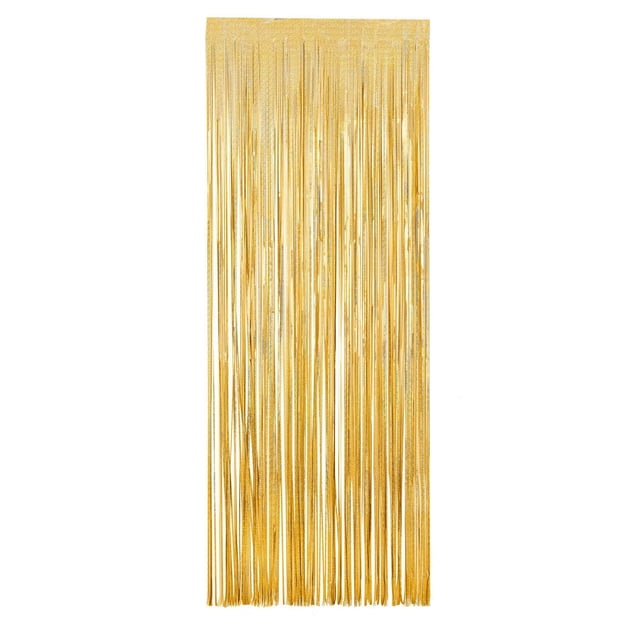 GOLD LASER FRINGE featuring a 93-inch gold metallic door fringe curtain with long vertical strips, ideal for birthday party decorations, creating grand entrances or photo booth backdrops, suitable for adding festive style to celebrations.