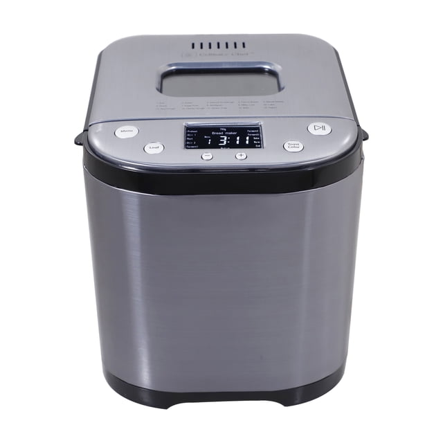 Culinary Chef 15-Program Bread Maker in stainless steel black with a top digital control panel displaying baking time and menu options, buttons for loaf size and toast color, a viewing window on the lid, and a compact rectangular design suitable for small kitchens.