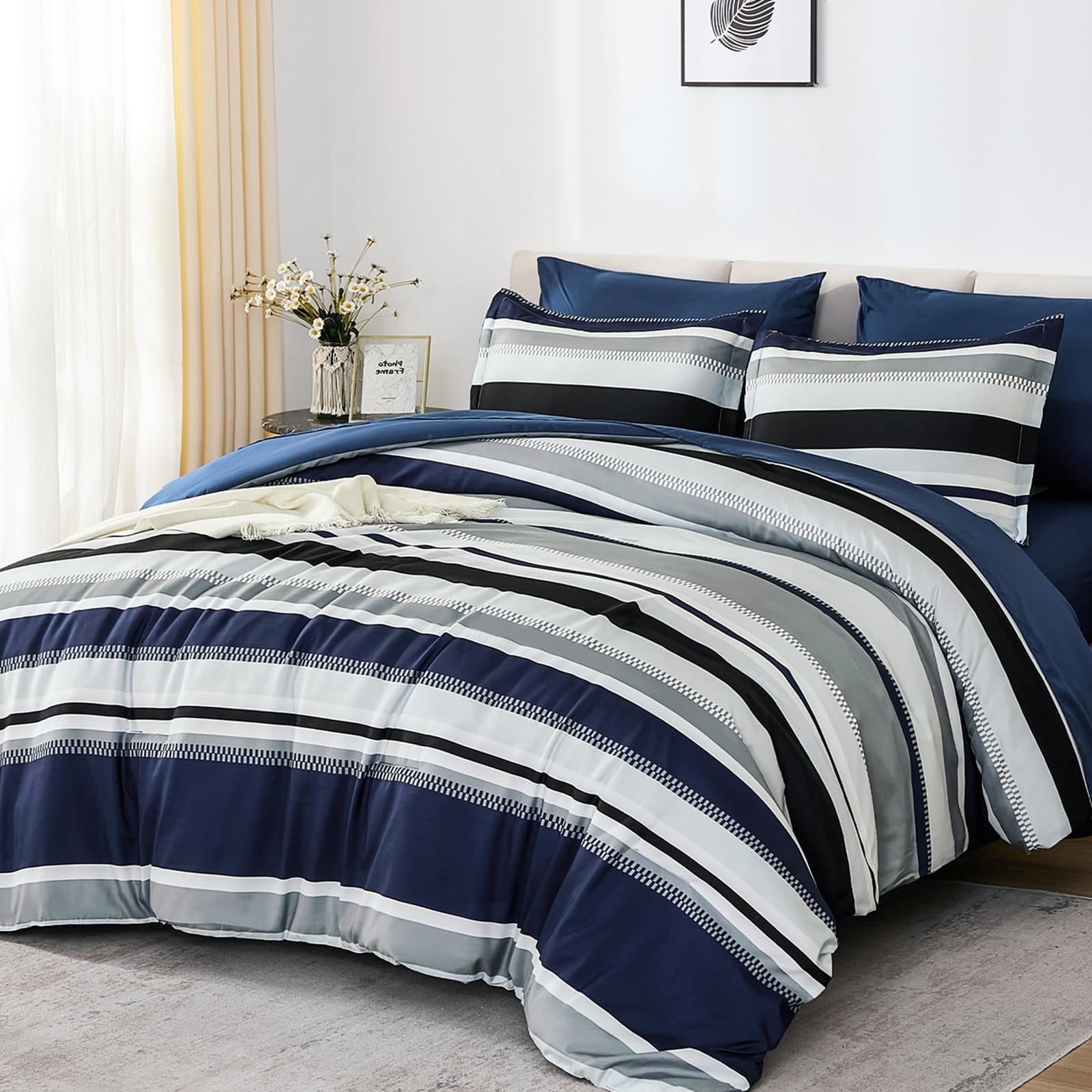 WONGS BEDDING Queen Comforter Set, 7 Pieces Navy Blue Comforter Set Queen Size, Soft Striped Bed in a Bag Bedding Set with Comforter, Flat Sheet, Fitted Sheet, Pillow Sh