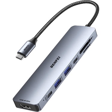 BENFEI Concentrateur USB-C 7-en-1 avec HDMI (4K@60Hz), 2 USB-A, 1 Données USB-C, Charge 100W, Lecteur de Carte SD/TF, Câble en Silicone Anti-Enchevêtrement Compatible avec MacBook Pro/Air, iPad Pro, iMac, iPhone 15 Pro/Pro Max