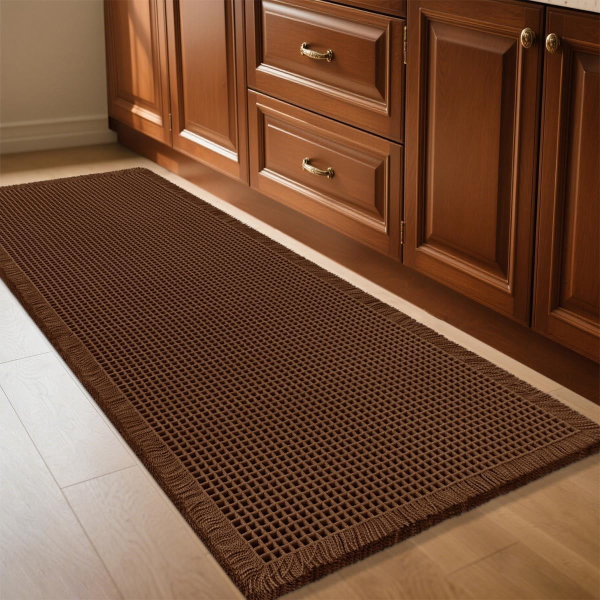 Waffle Bath Mat Brown 6'x2', Boho Woven Modern Bathroom Rug Mat, Absorbent Non Slip Bathroom Floor Mat, Soft Washable Bath Rugs with Tassels for Bathroom, Bedroom, Kitchen, Shower, Tub