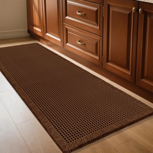 Waffle Bath Mat Brown 6'x2', Boho Woven Modern Bathroom Rug Mat, Absorbent Non Slip Bathroom Floor Mat, Soft Washable Bath Rugs with Tassels for Bathroom, Bedroom, Kitchen, Shower, Tub