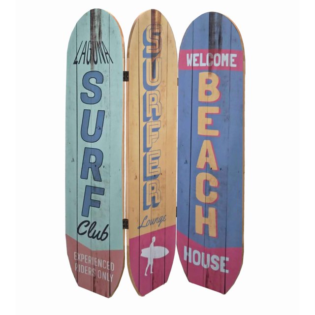 Écran Contemporain en Bois à 3 Panneaux avec Design de Planche de Surf, Multicolore