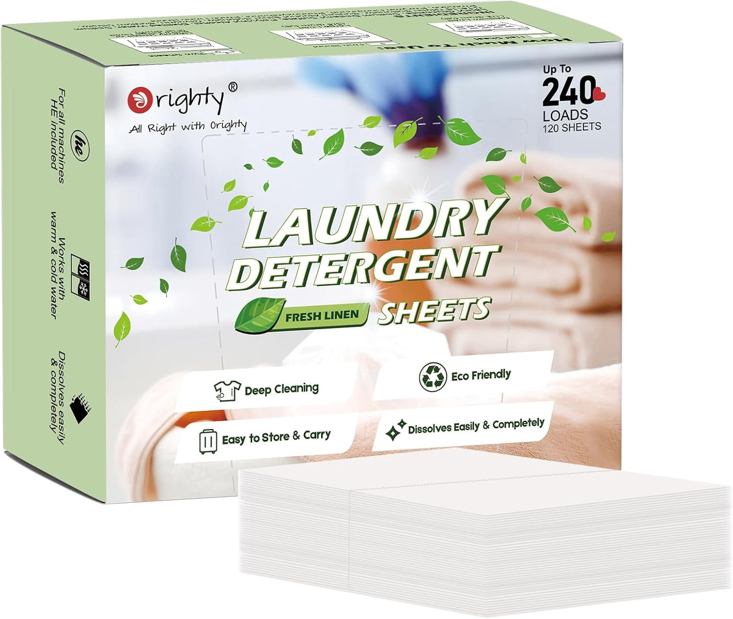ORIGHTY Laundry Detergent Sheets, (240 Loads) 120 Sheets Fresh Linen, Eco-Friendly & Hypoallergenic Laundry Detergent Strips, Portable and Travel-Friendly Detergent Sheets, No Plastic Jug and Liquid