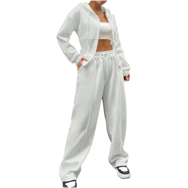 Timegard Womens Sets 2 Piece Sweatsuits Zip up Hooded Long Sleeve Jackets Drawstring Wide Leg Pants with Pockets Outfits