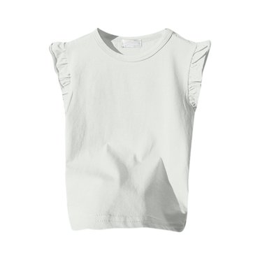 T-shirts pour Filles Enfants Tout-Petits Filles Été T-Shirt à Manches à Volants T-Shirt Couleur Unie Basique Débardeur Sans Manches Hauts Tee-Shirt Enfant Fille Blanc 7 Ans-8 Ans