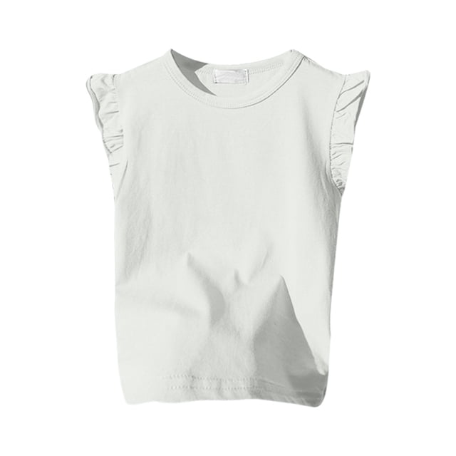 LUOGENLI T Shirt for Girls Girls Ruffle Sleeve T Shirt Solid Color Vest Girls Basic Short Sleeve Shirts for Girls Work Spring White 4-5 Years