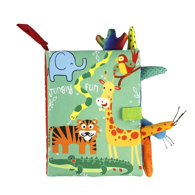 Baby Toys Baby Books Children 3D Animal Tails Cloth Book with vibrant jungle-themed illustrations featuring animals such as an elephant, giraffe, tiger, and crocodile. This soft activity book includes textured tails for sensory exploration, simple text for early reading, and is designed as an educational toy for infants and toddlers. Made from cotton and cloth materials, it is machine washable for convenience.