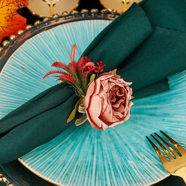 Aodebiao Set of 2 Napkin Rings Red Rose Napkin Rings Handicraft Flower Pink Flower Napkin Holder Wedding Napkin Holder Table Decoration for Mother Day Party