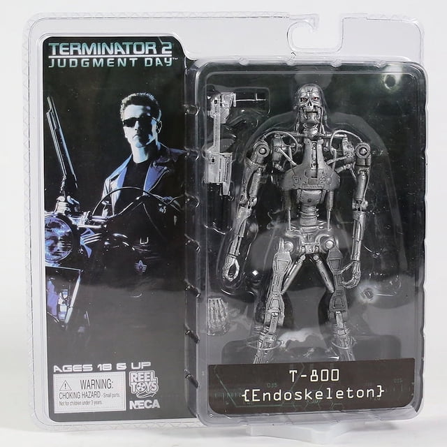 NECA The Terminator T-800 Battle Across Time Action Figure, an 18cm PVC model featuring the detailed endoskeleton design from Terminator 2: Judgment Day. Packaged in its original box with movie-themed branding, ideal for collectors and fans of action figure collections. Recommended for ages 14 and up.