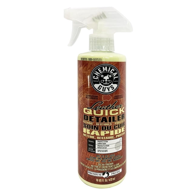 Chemical Guys Leather Quick Detailer spray bottle with trigger nozzle for automotive leather care, cleaning, restoring, and protecting leather surfaces. Contains vitamin E and aloe, leather scent, removes dirt, dust, and fingerprints, and leaves a dry-to-the-touch finish. Holds 16 US fl. oz. (473 ml).
