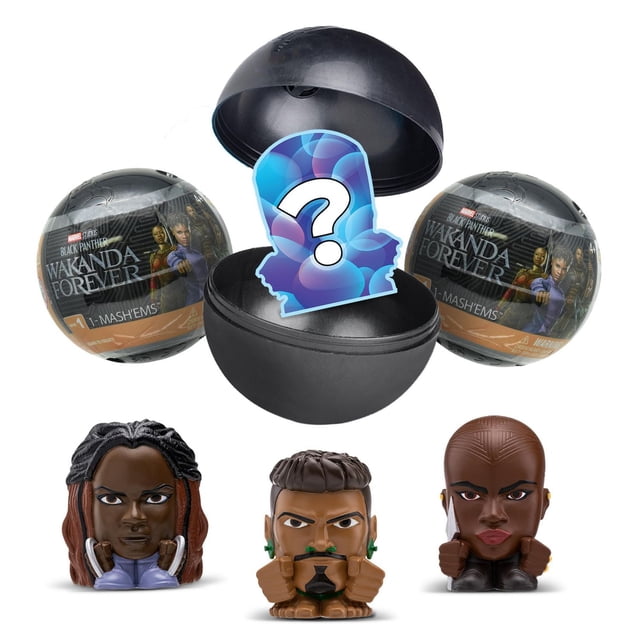 Mash'ems - Black Panther Sphere Capsule S1 showing three black spherical capsules with Wakanda Forever branding, one open capsule revealing a blue question mark silhouette representing an ultra-rare mystery character, and three collectible Black Panther Avengers figures viewed from the back, designed as super squishy sensory toys suitable for children ages 4 and older.