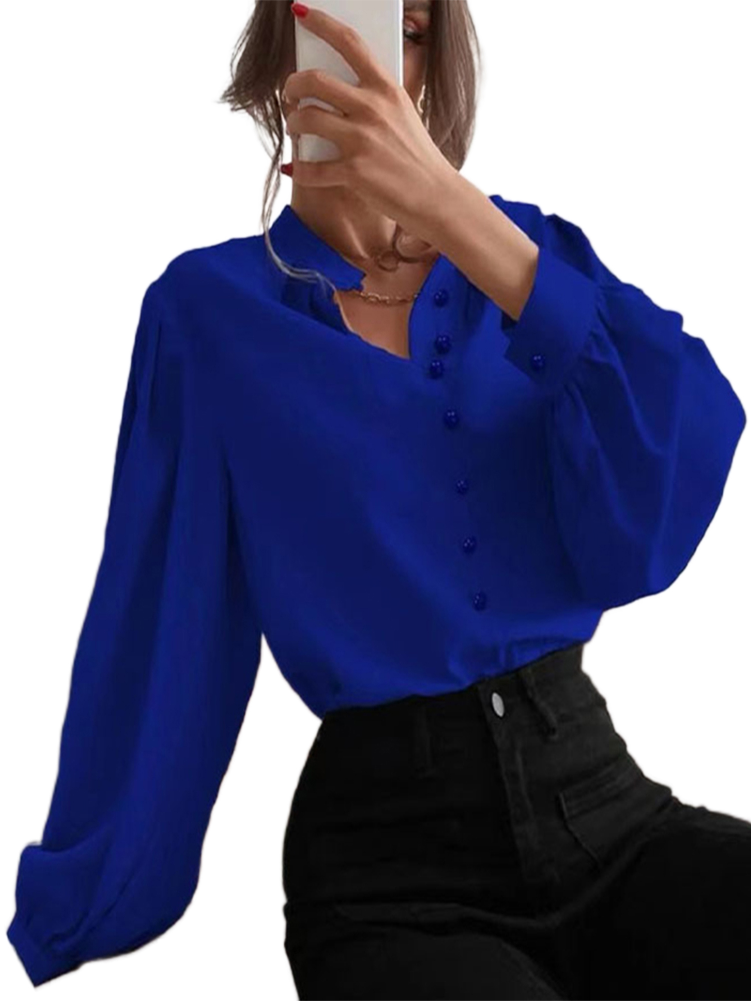 LUXUR Ladies Long Sleeve Tops Loose Work Shirts Blue XXL
