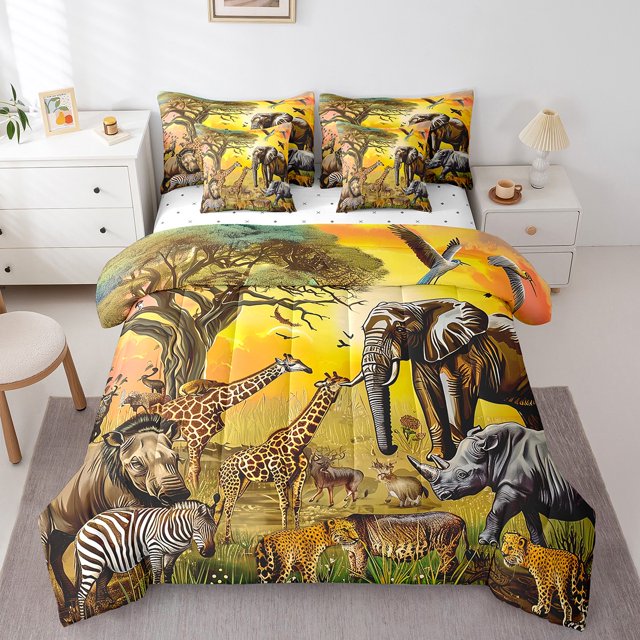 YST African Safari Animal Comforter Set Full Size 7 Piece,Elephant Giraffe Bedding Set With Sheet Set,Zebra Cheetah Rhinoceros Bed In A Bag With Throw Pillow Covers,Reversible