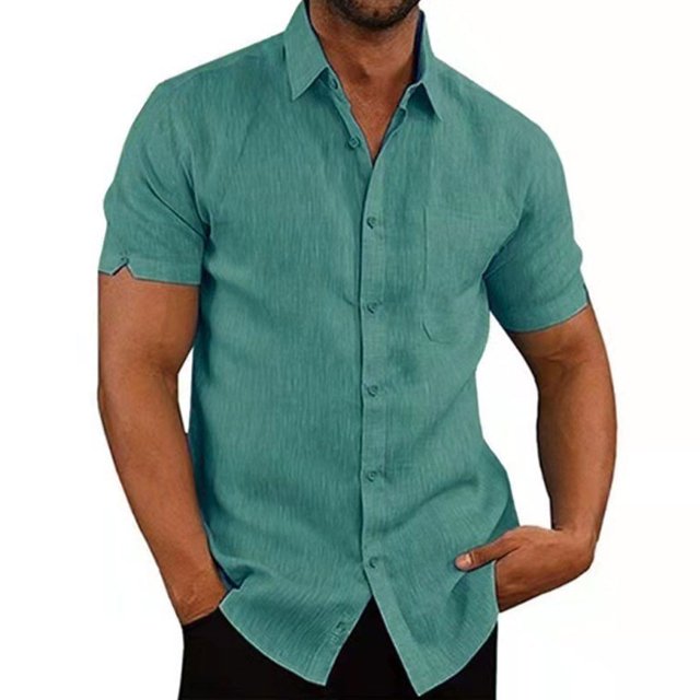 pitrice Chemise Homme à Simple Boutonnage Été Boutonnée Col Rabattu Polyester Mode Vêtements Cadeau d'Anniversaire Bleu Lac TTTG 1Set