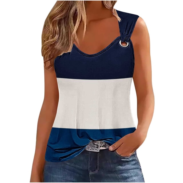 Mrat Débardeurs en Coton pour Femmes Débardeurs pour Femmes Tendance Tunique à Col Rond Hauts Décontractés Sans Manches T-Shirts Graphiques à Rayures Camisoles Amples Blouses S-193 Bleu m