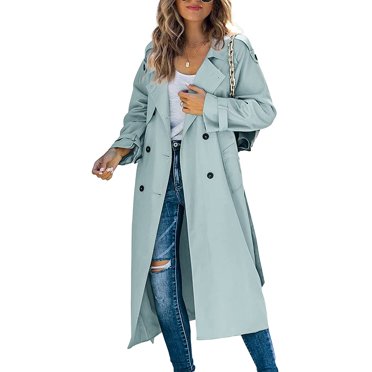 Kmbangi Manteau Trench Long à Double Boutonnage pour Femme, Coupe-Vent, avec Ceinture