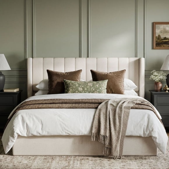 Aykah Queen Bed Frame with Storage, Modern Metal Platform Bed Frame with High Headboard, Wood Slat Support, No Box Spring Required