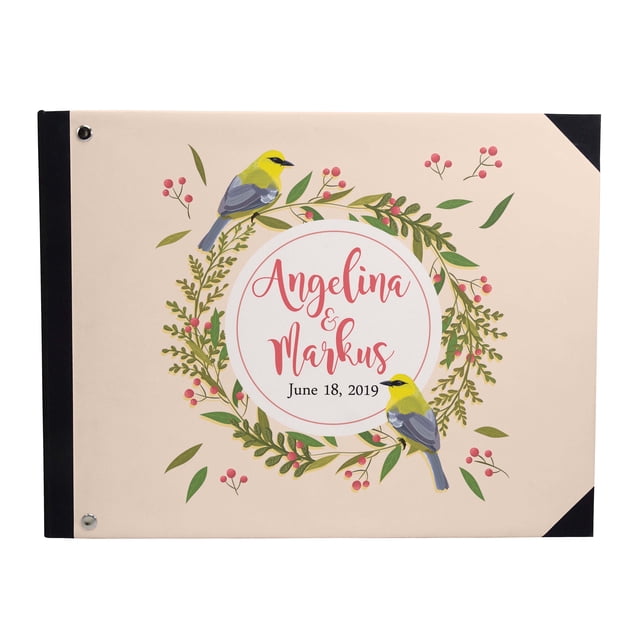 Darling Souvenir Mariage Livre d'or Hardbound couverture, feuilles roses Couronne et oiseaux, 9 x 12 pouces